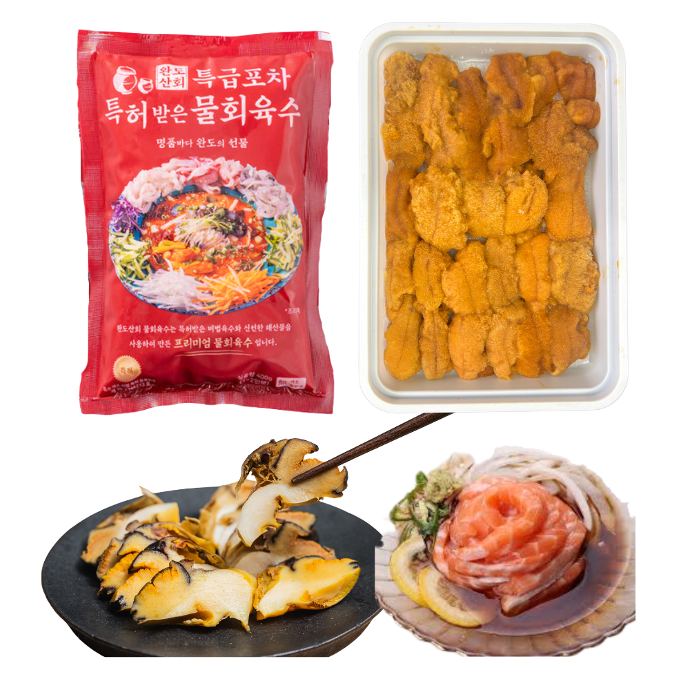 K-Seafood Cold Soup Set (Cold Soup Base 1 + Chile Uni 1 +Salmon Noodle 1 + Cooked Horned Turban 1)