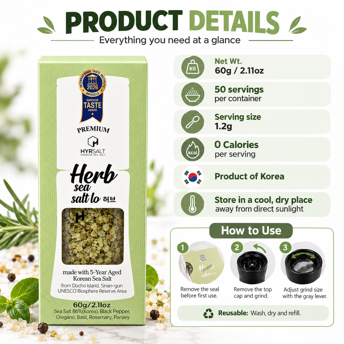 Premium Flavor Sea Salt Grinder - Herb (60g)
