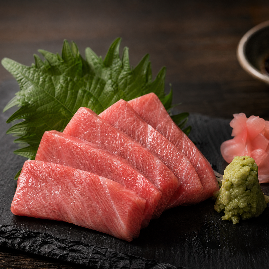 Chutoro sashimi on dark slate plate with wasabi and garnish