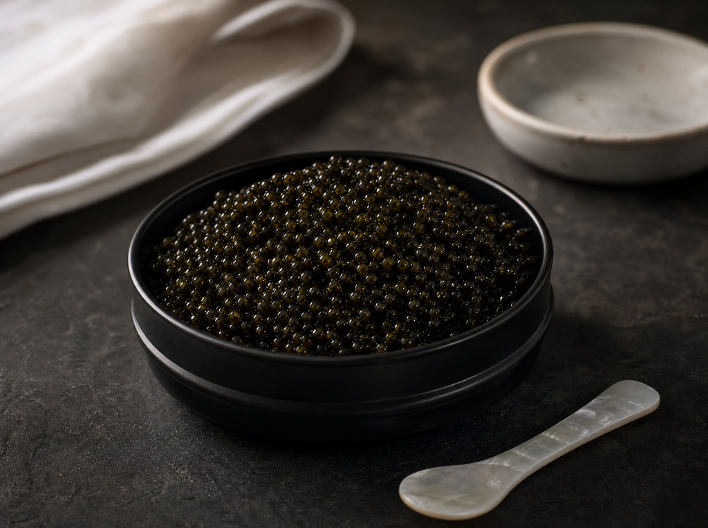 Ossetra caviar tin on dark slate with mother-of-pearl spoon