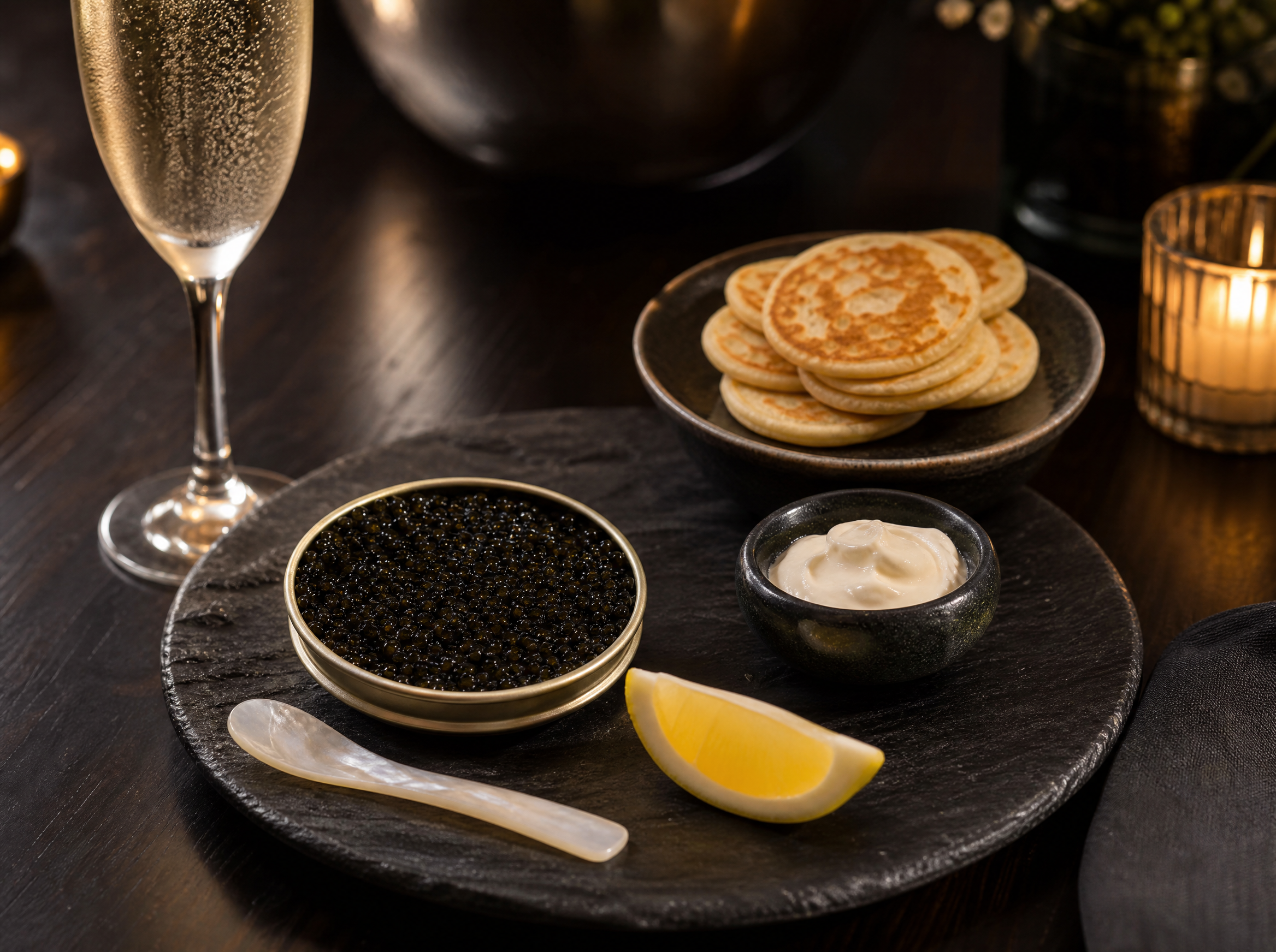 Ossetra caviar full table setting with blinis champagne and creme fraiche