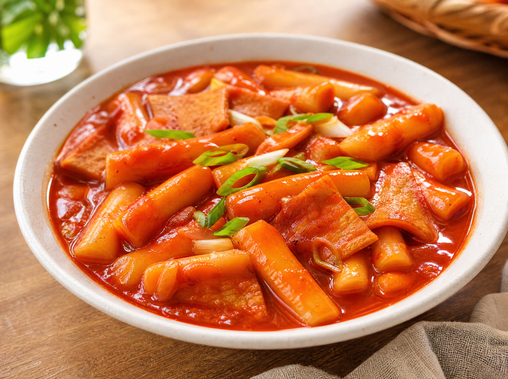 Sagua tteokbokki in spicy red sauce served in ceramic bowl on wooden table