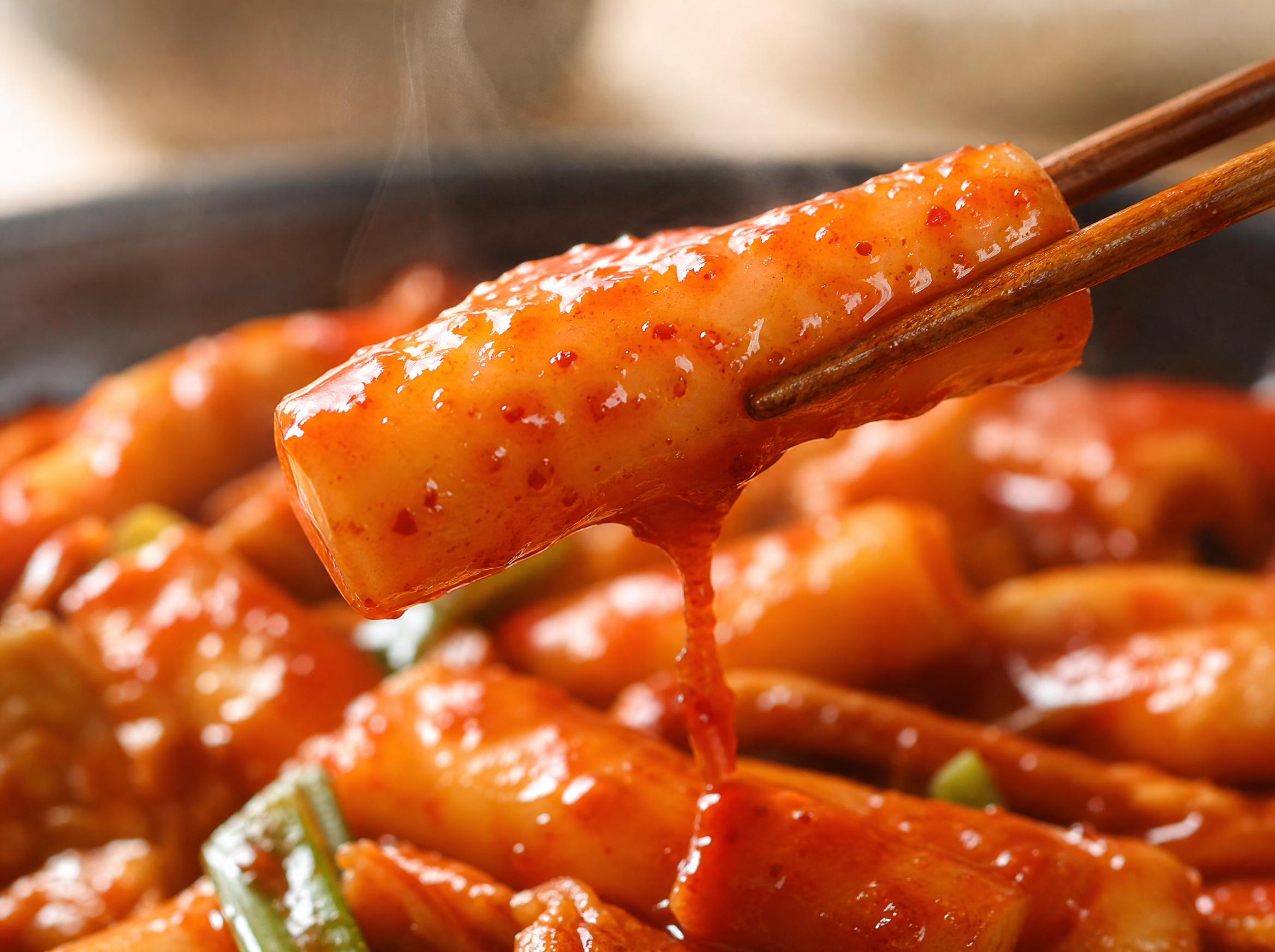 Sagua tteokbokki rice cake lifted with chopsticks showing glossy red sauce