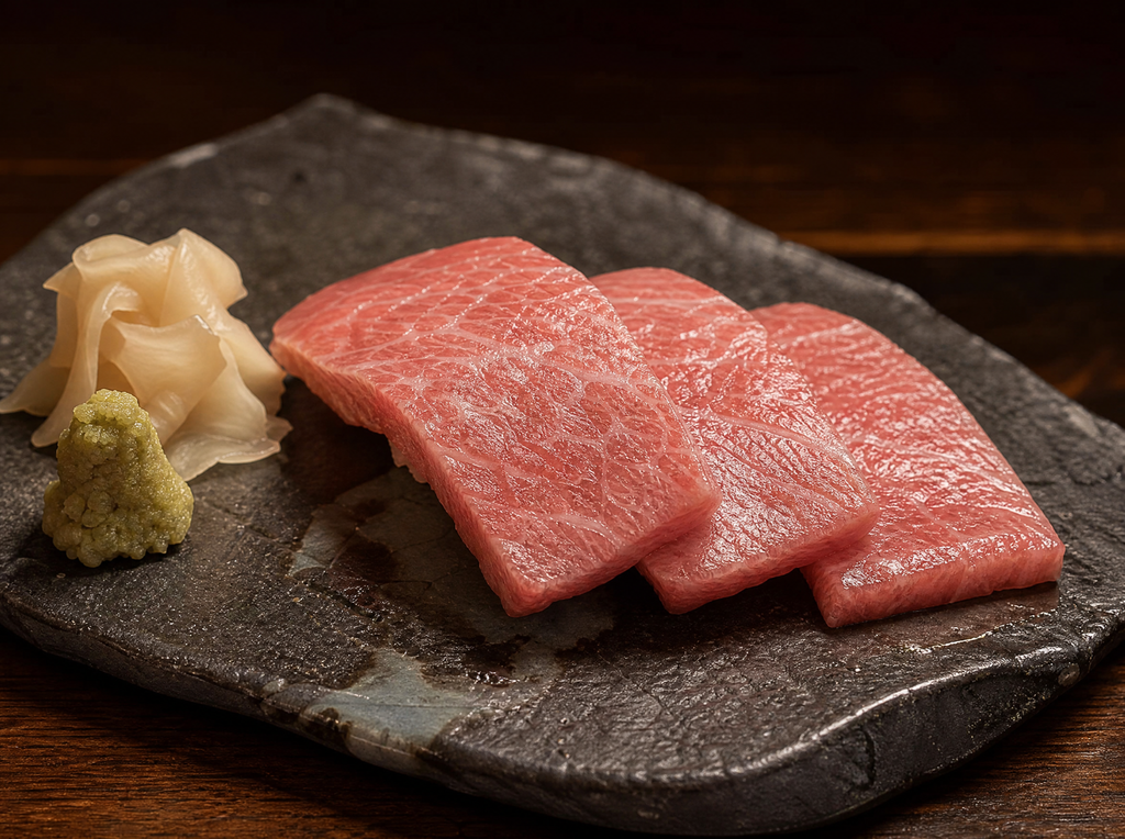 Chutoro bluefin tuna mid-belly sashimi plated on dark slate with wasabi and pickled ginger, omakase fine dining