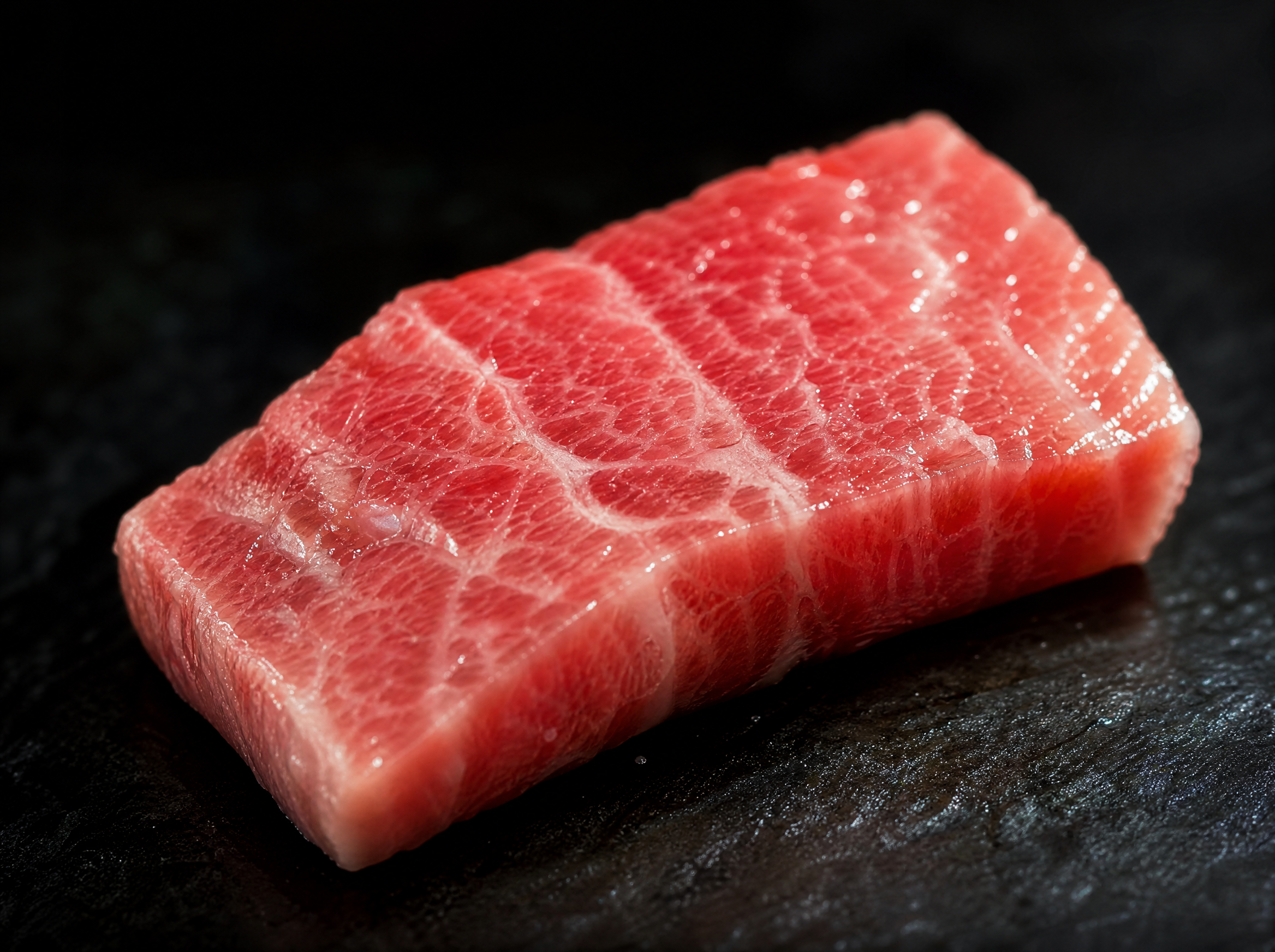Macro close-up of chutoro tuna marbling, rich fat streaks through deep red flesh on dark slate