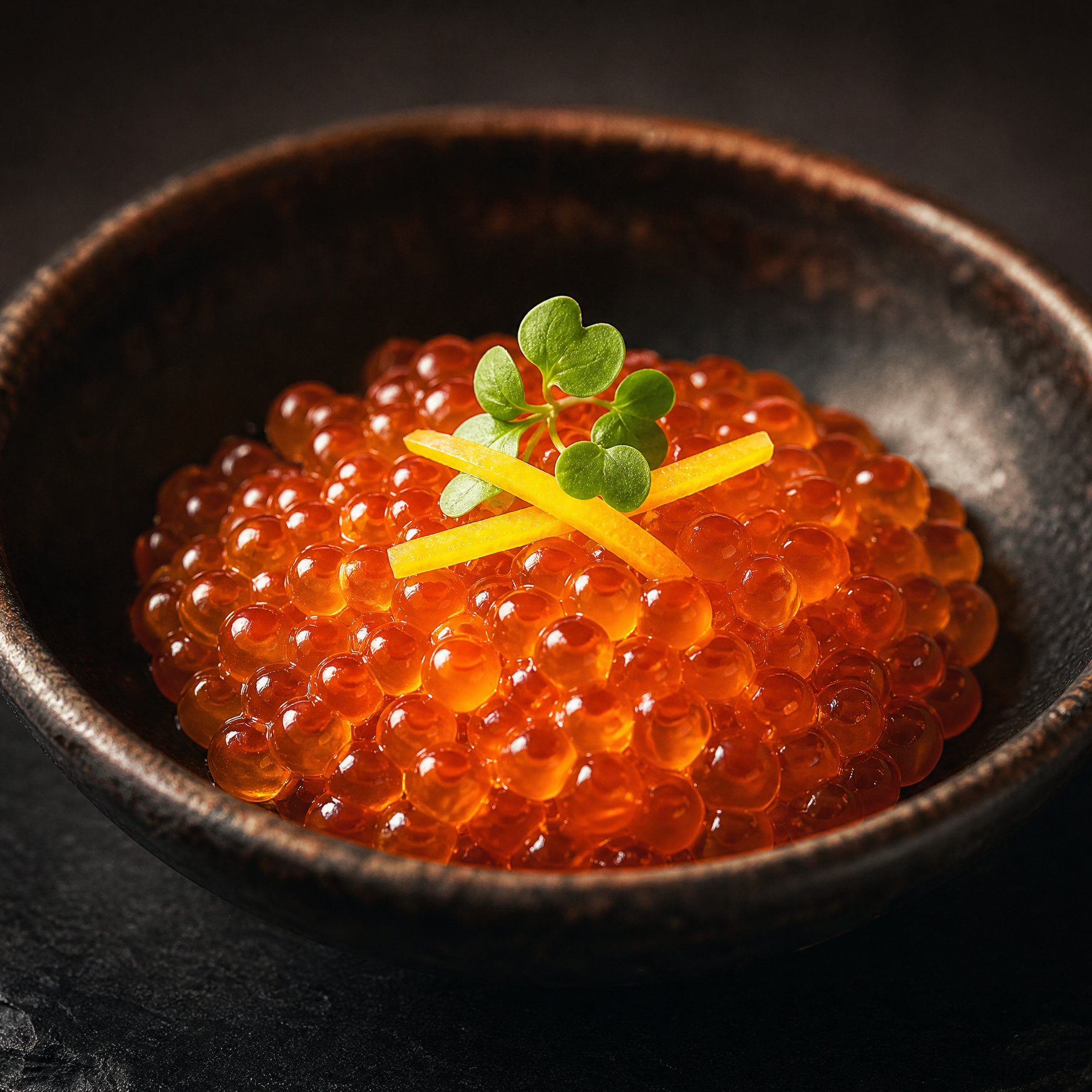 Yuzu-aged salmon roe ikura in dark ceramic bowl with yuzu peel garnish, fine dining omakase presentation