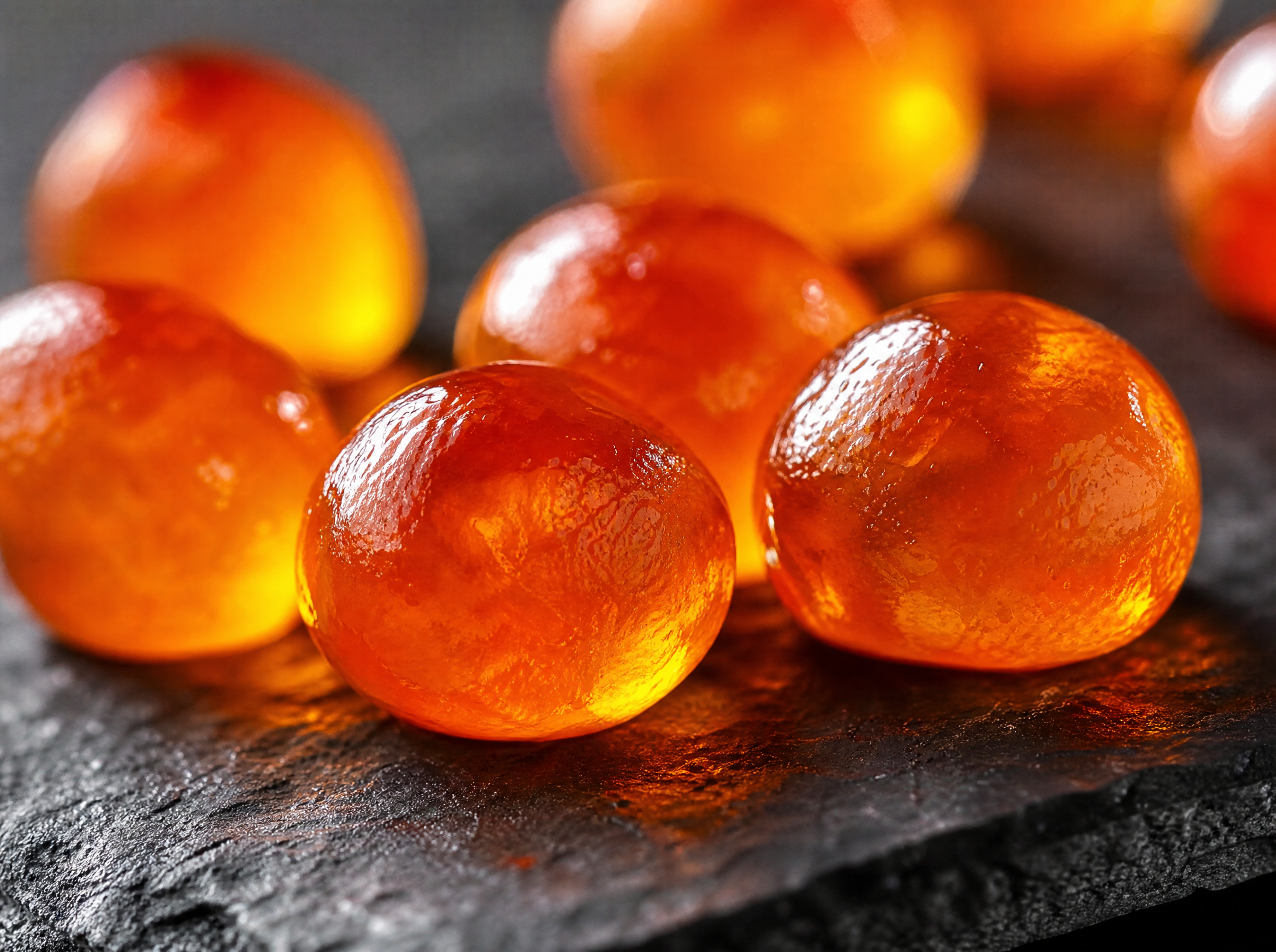 Macro close-up of translucent orange yuzu salmon roe pearls glistening on dark slate with jewel-like glow
