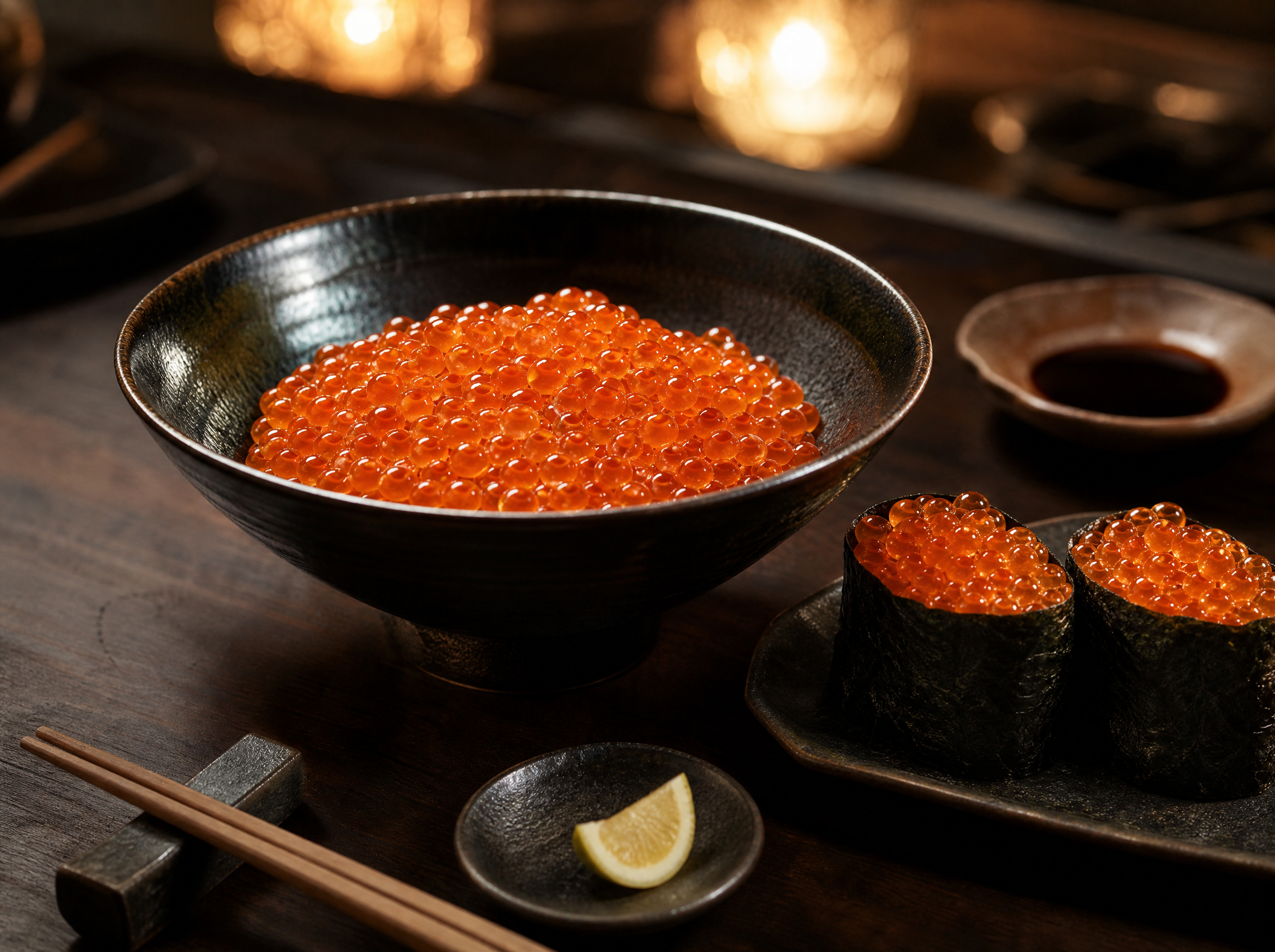 Omakase table setting with yuzu ikura bowl, gunkan nigiri, soy sauce, chopsticks and yuzu wedge on dark wood