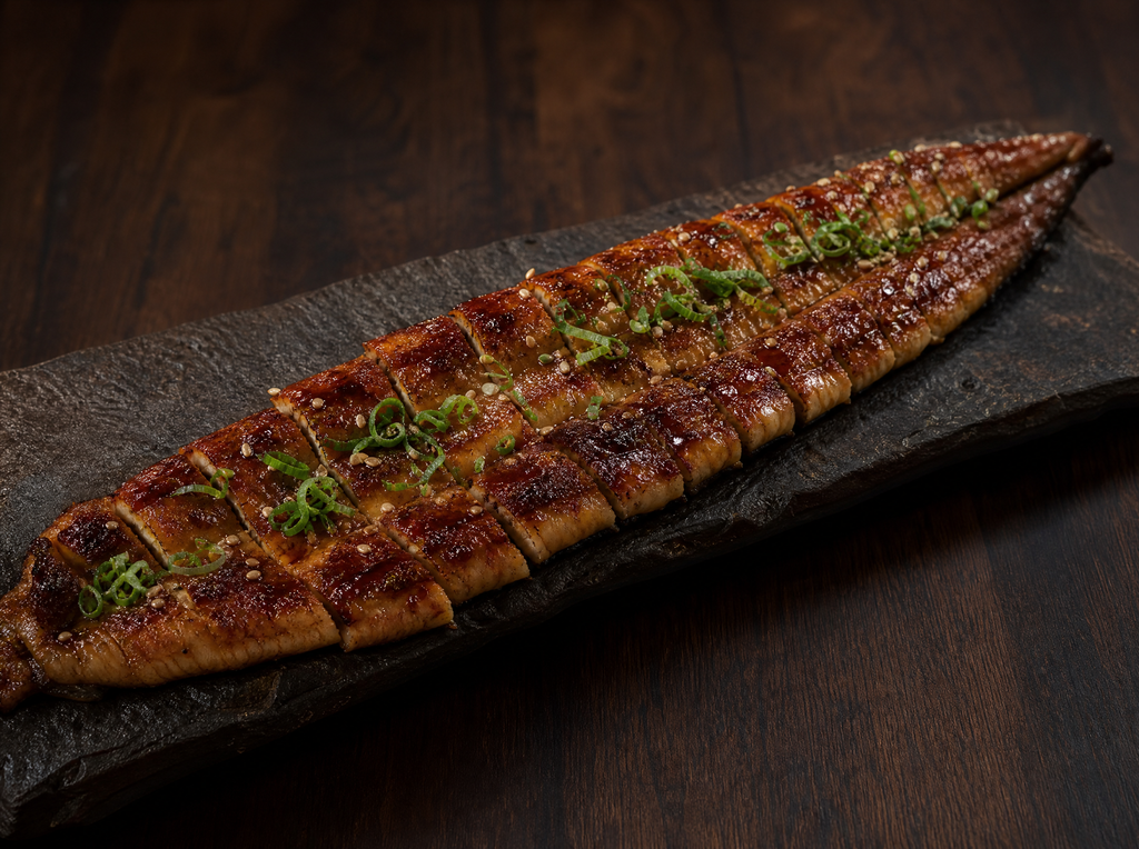 Korean grilled freshwater eel jangeo-gui on dark slate plate with caramelized glaze, green onion and sesame garnish