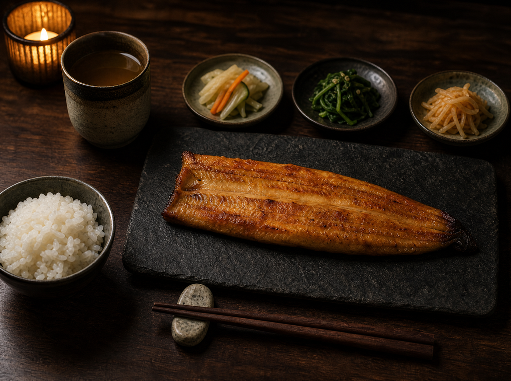 Korean fine dining table setting with grilled eel, steamed rice, banchan side dishes and barley tea on dark wood