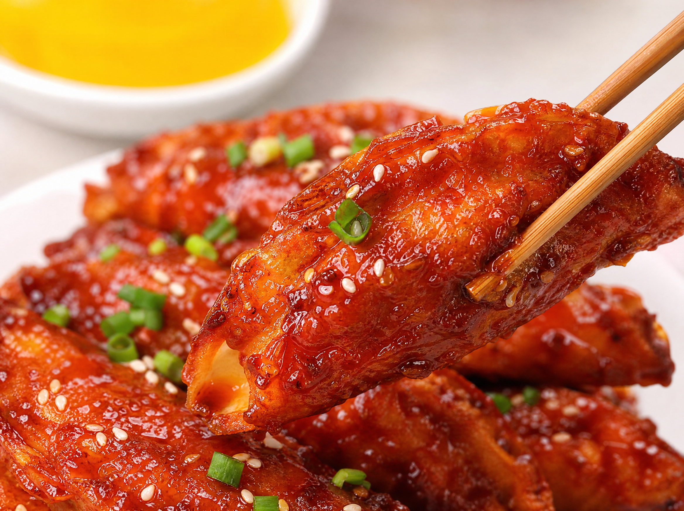 Macro close-up of crispy sweet spicy Korean fried dumpling coated in red glaze picked up by chopsticks