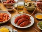 Korean street food table setting with fried dumplings, beer, tteokbokki and dipping sauce on bright wooden table