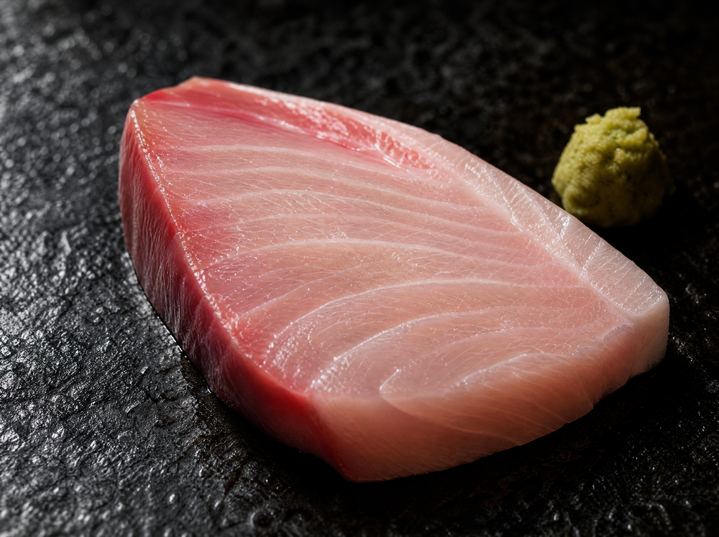 Macro close-up of hamachi yellowtail sashimi slice showing silky pale flesh and fat marbling on dark slate