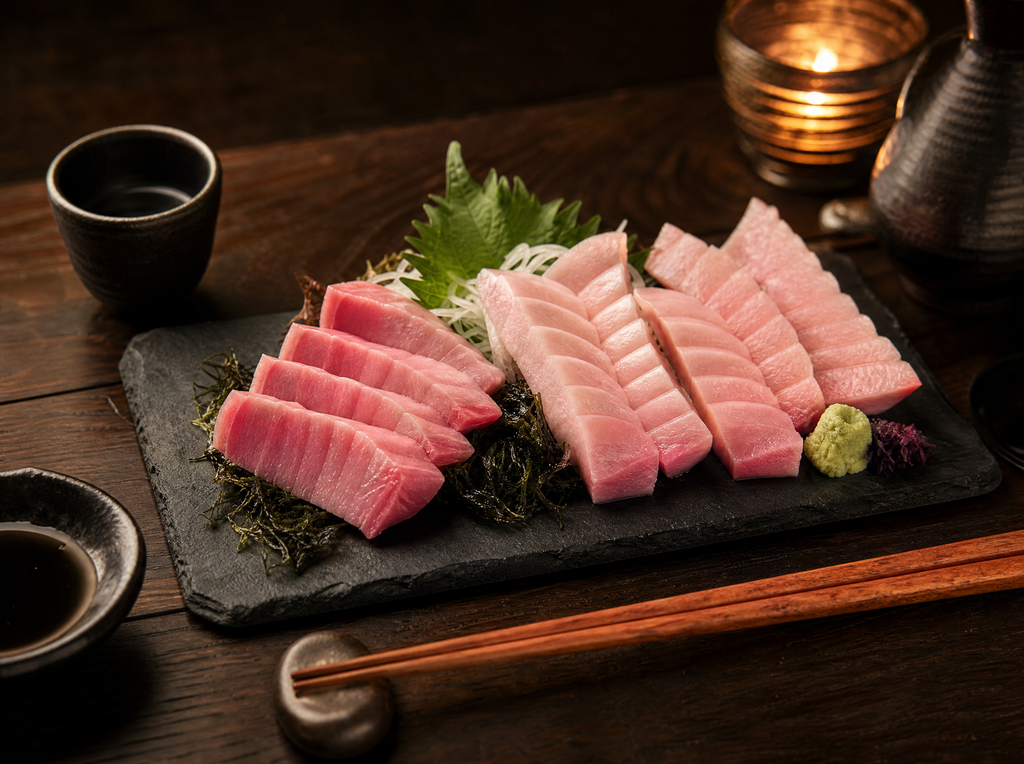 Omakase table setting with hamachi sashimi set, soy sauce, wasabi, sake cup and chopsticks on dark wood