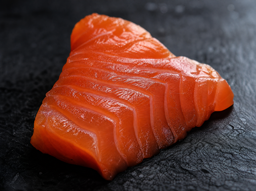 Macro close-up of kelp-cured salmon sashimi showing vibrant orange flesh and silky velvety texture on dark slate