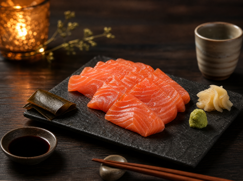 Omakase table setting with kelp-cured salmon sashimi, soy sauce, wasabi, kombu kelp piece and sake cup on dark wood