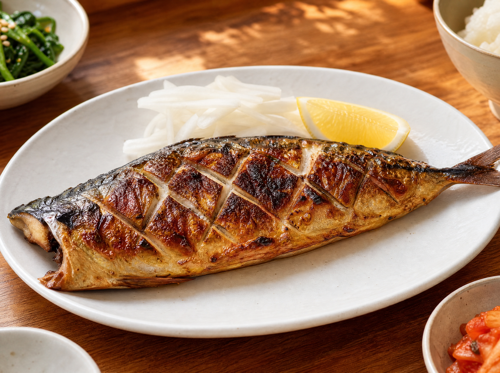 Korean semi-dried grilled mackerel godeungeo-gui on white ceramic plate with daikon and lemon, bright wooden table home dining