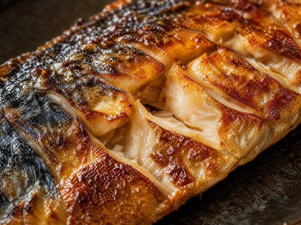 Macro close-up of grilled mackerel skin showing crispy golden-brown texture and glistening natural oils