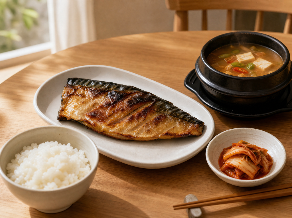Korean home meal table setting with grilled mackerel, steamed rice, kimchi and doenjang jjigae on bright wooden table