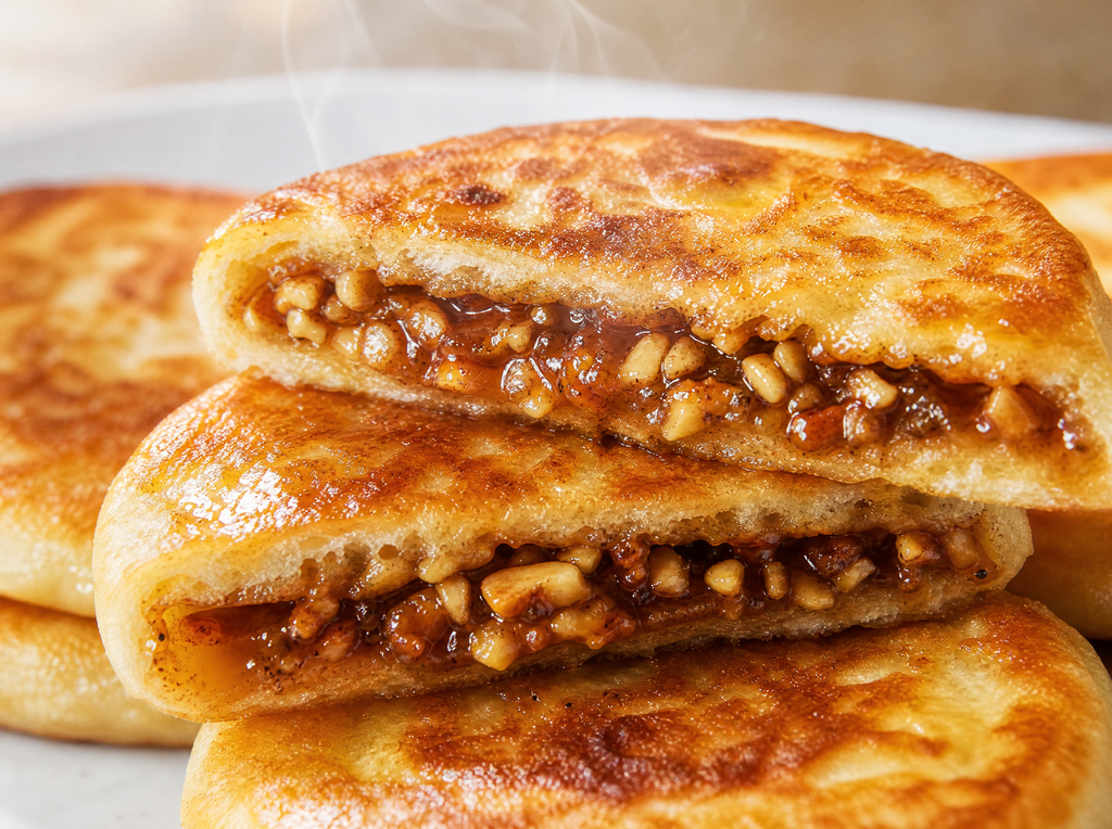 Macro close-up of hotteok split open showing gooey caramelized honey and nut filling with steam rising