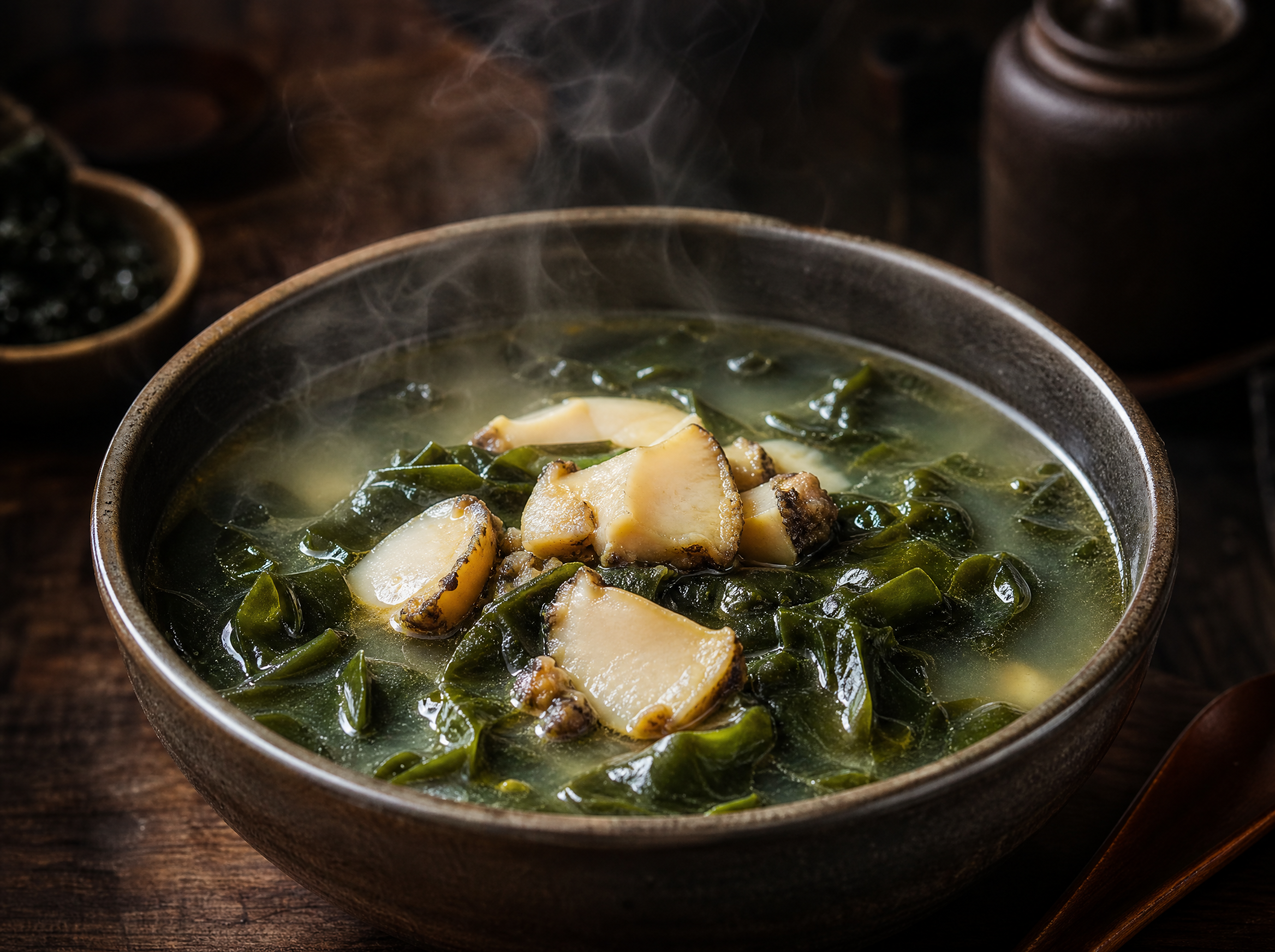 Korean abalone seaweed soup jeonbok miyeok-guk in ceramic bowl with tender abalone and seaweed, dark moody fine dining