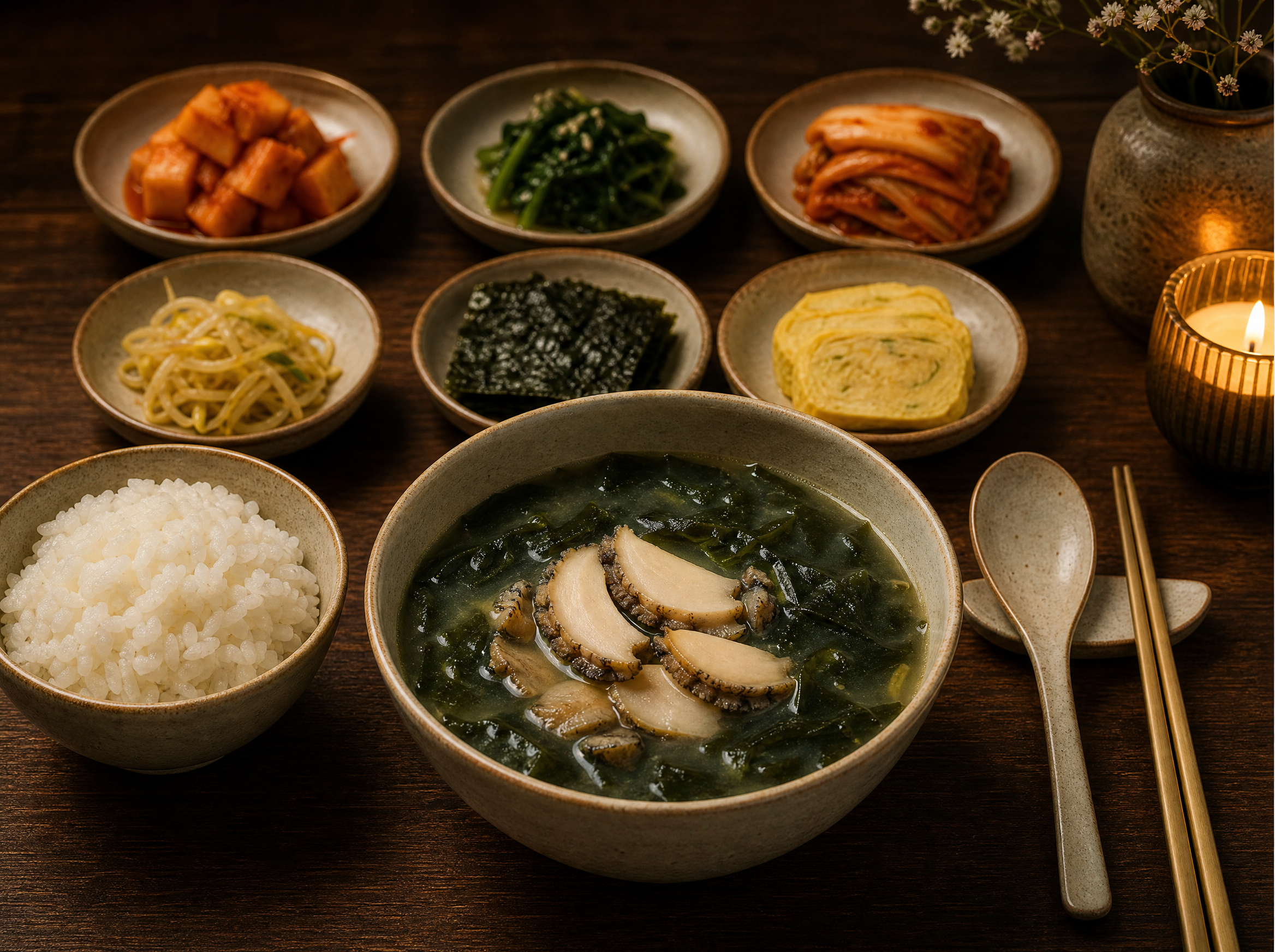 Korean birthday dining table with abalone seaweed soup miyeok-guk, steamed rice, banchan and chopsticks on dark wood