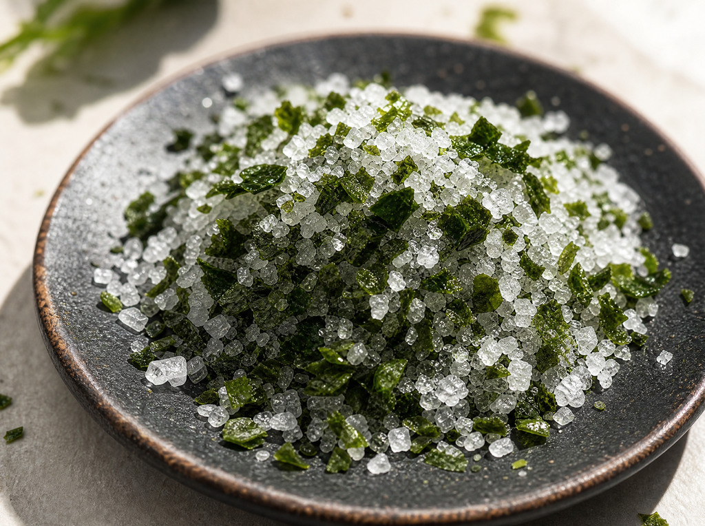 Macro close-up of premium sea salt crystals and dark green gamtae seaweed flakes on dark ceramic dish showing mineral texture