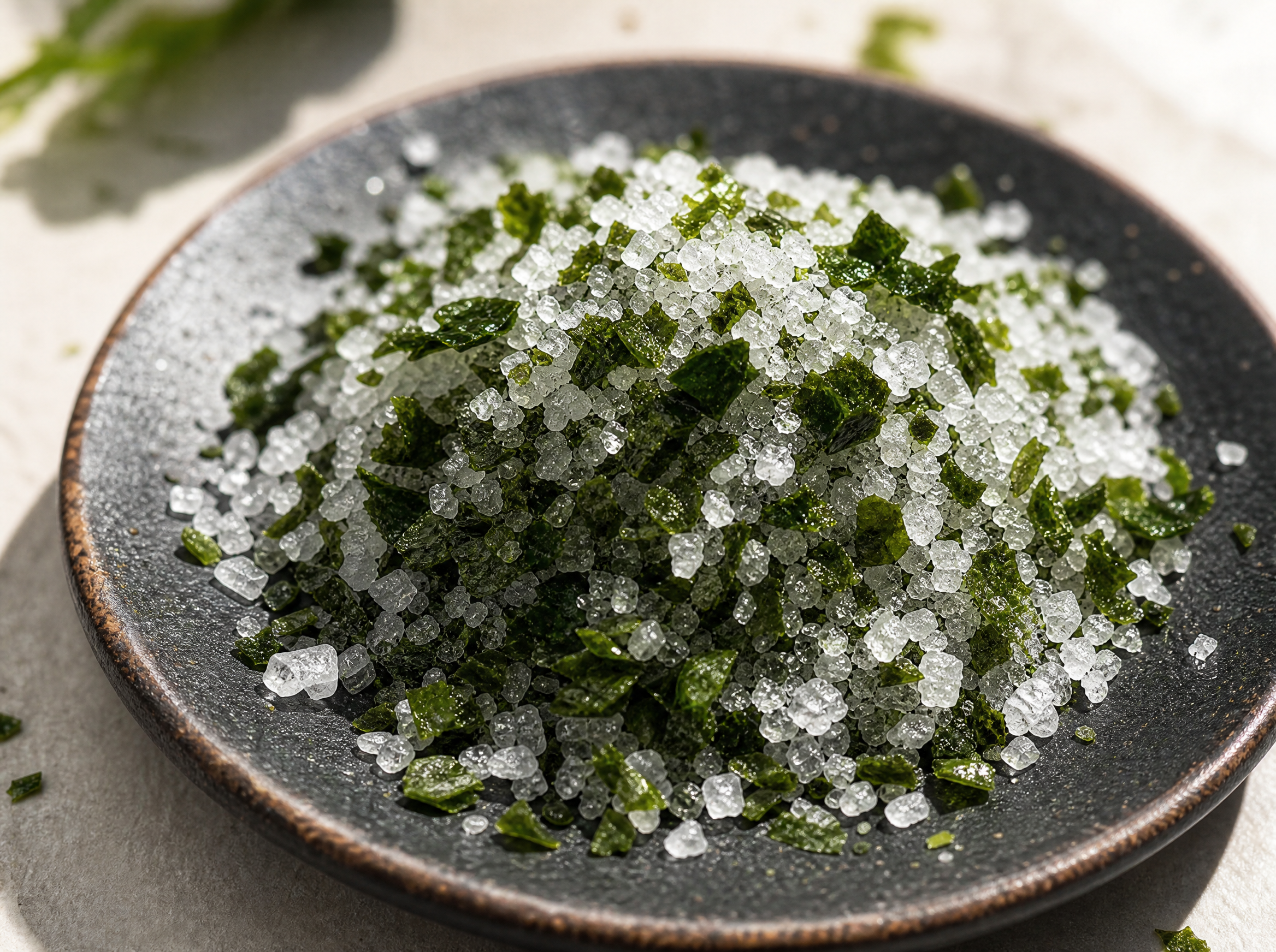 Macro close-up of premium sea salt crystals and dark green gamtae seaweed flakes on dark ceramic dish showing mineral texture