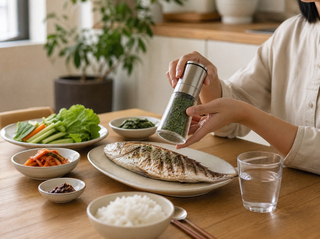 Korean dining table with gamtae sea salt grinder seasoning grilled fish dish, natural daylight home kitchen setting