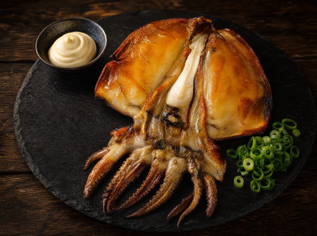 Korean grilled whole cuttlefish gapojingeo-gui on dark slate plate with tentacles fanned out, green onion and mayo dipping sauce