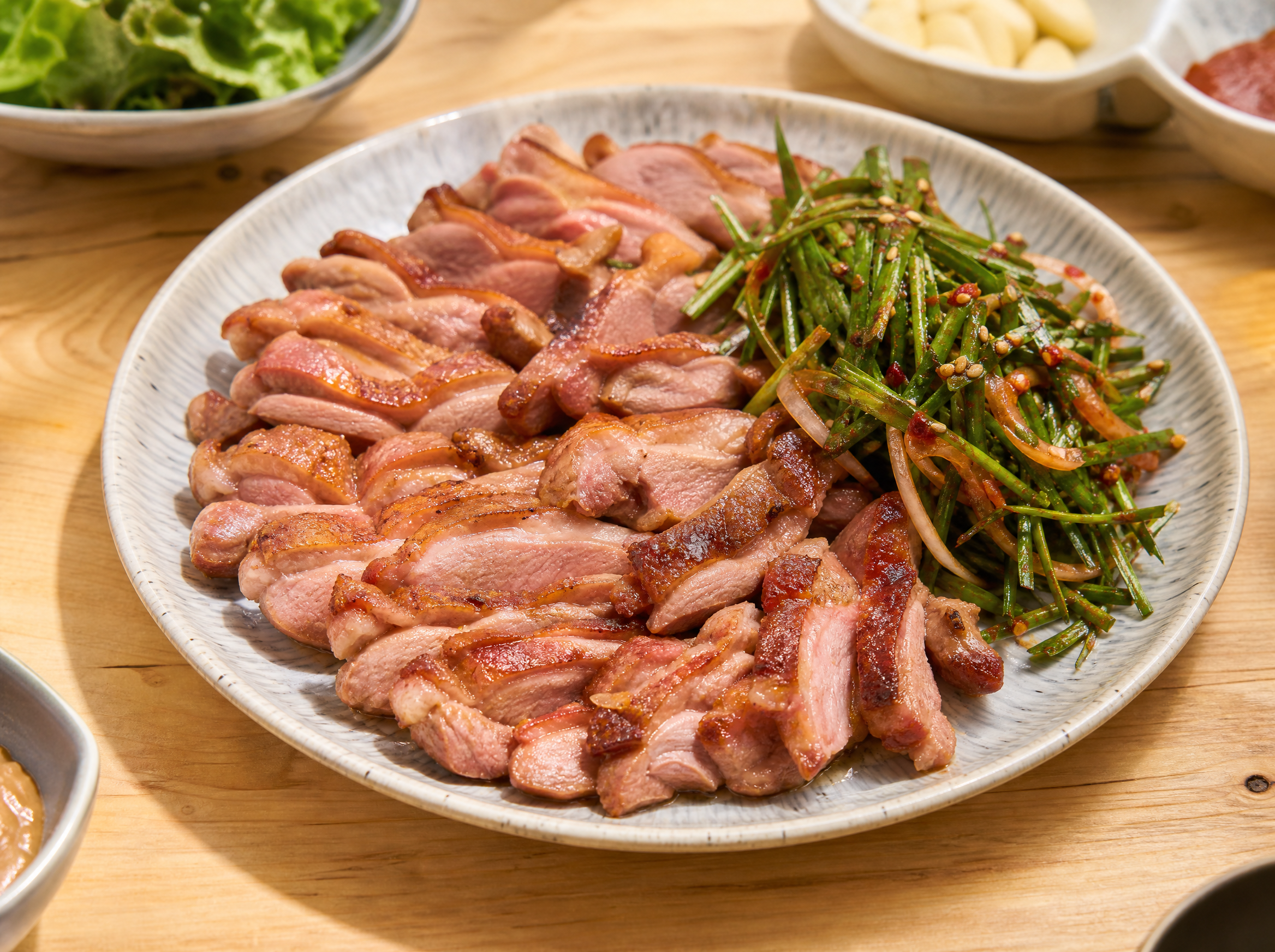 Korean grilled sliced boneless duck ori-gui on ceramic plate with chive salad pa muchim garnish, bright natural wooden table
