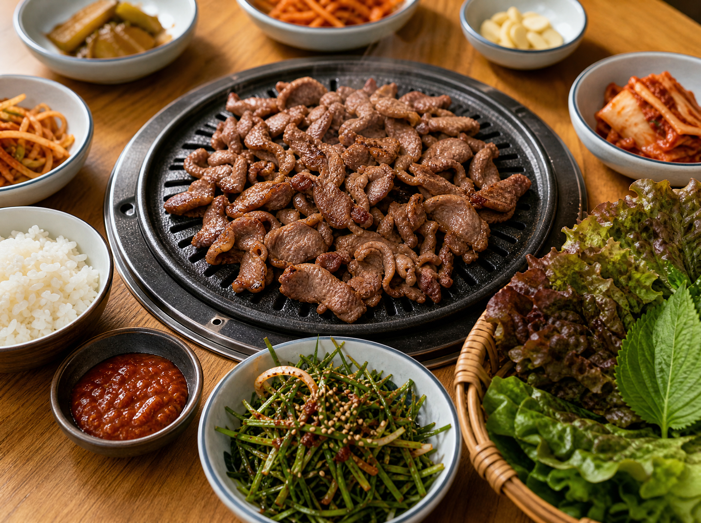 Korean BBQ table setting with grilled duck, lettuce wraps, chive salad, ssamjang, rice and side dishes on bright wooden table