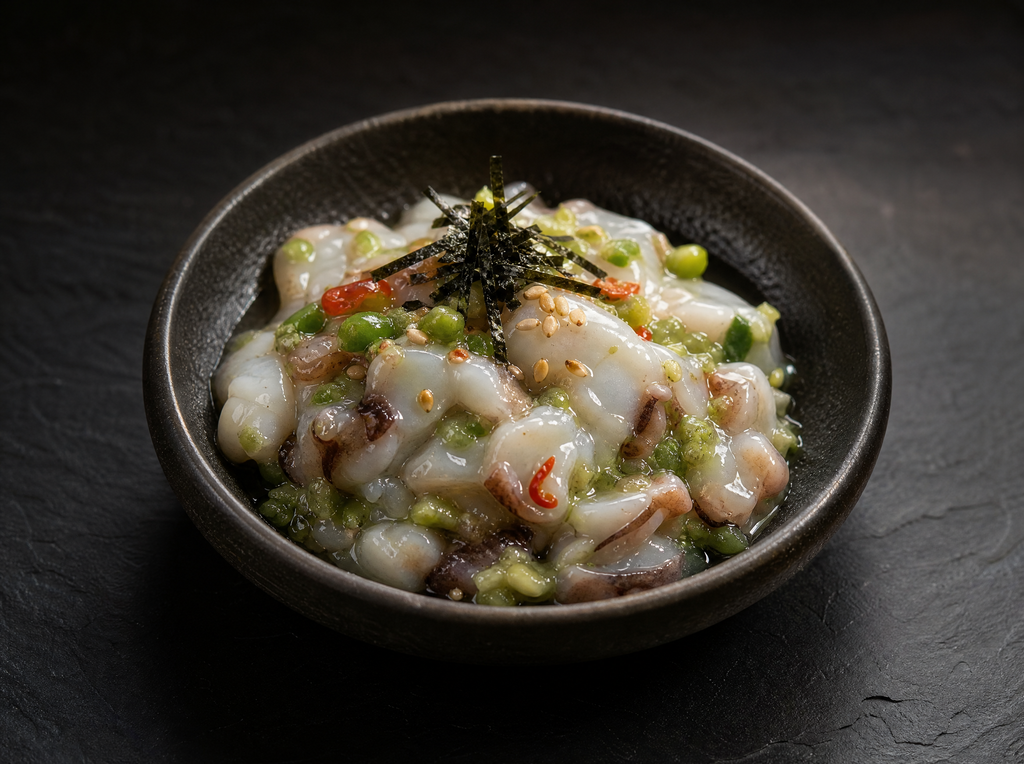 Octopus takowasabi wasabi-marinated octopus in dark ceramic bowl with nori and sesame garnish, fine dining izakaya aesthetic