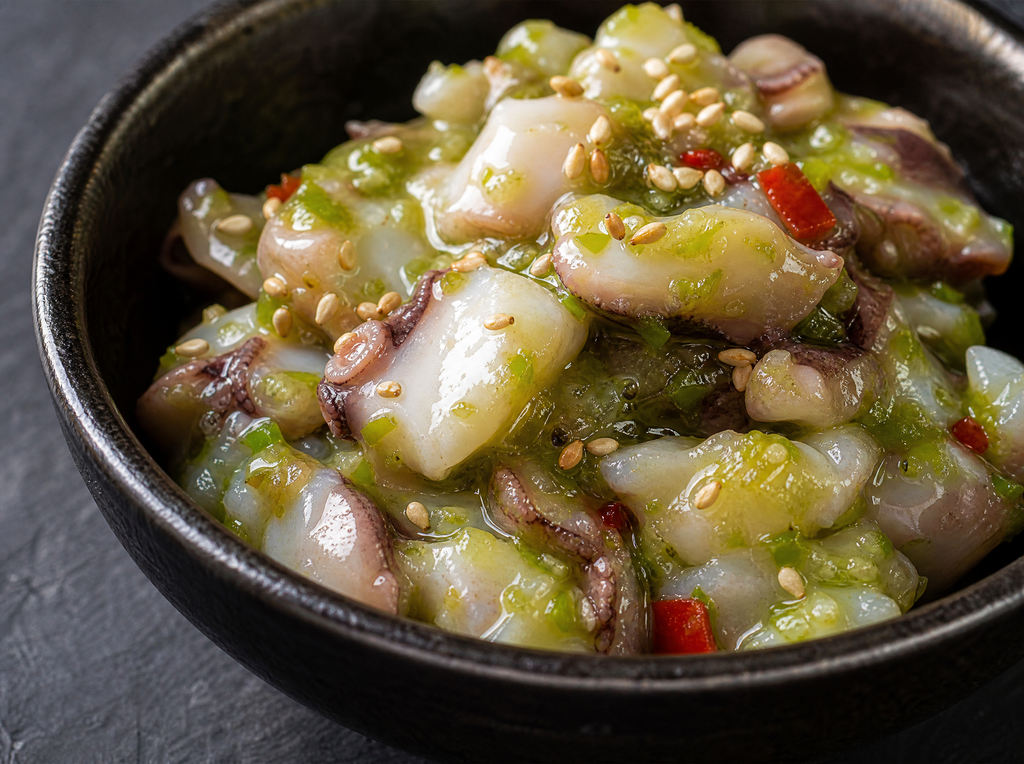Macro close-up of octopus takowasabi showing pale octopus pieces with vivid green wasabi marinade and sesame seeds