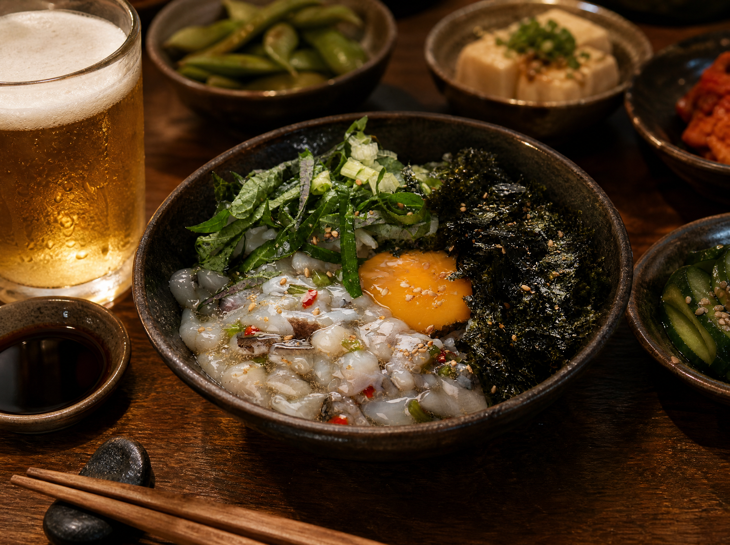 Japanese izakaya table setting with octopus takowasabi, cold beer, soy sauce and chopsticks on dark wooden table