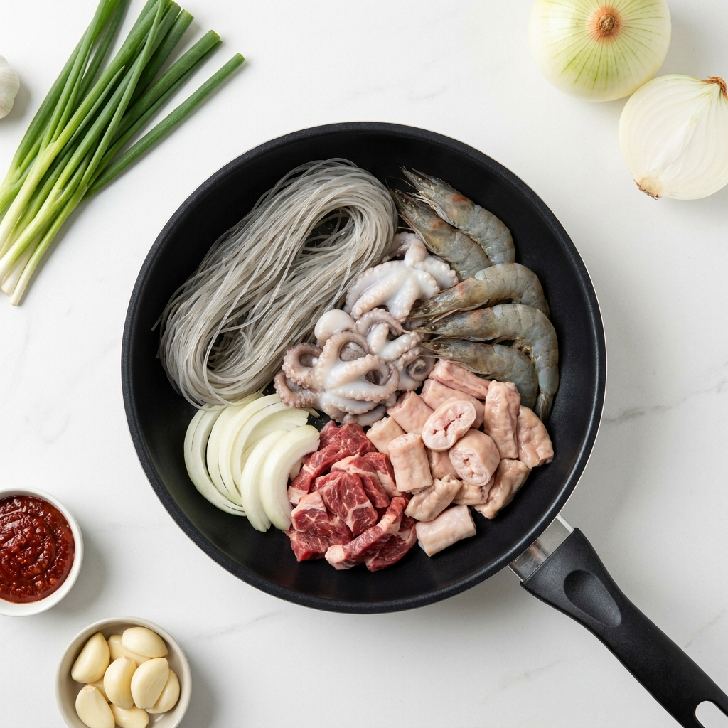 Nakgopdaesae raw ingredients arranged in a pan before cooking