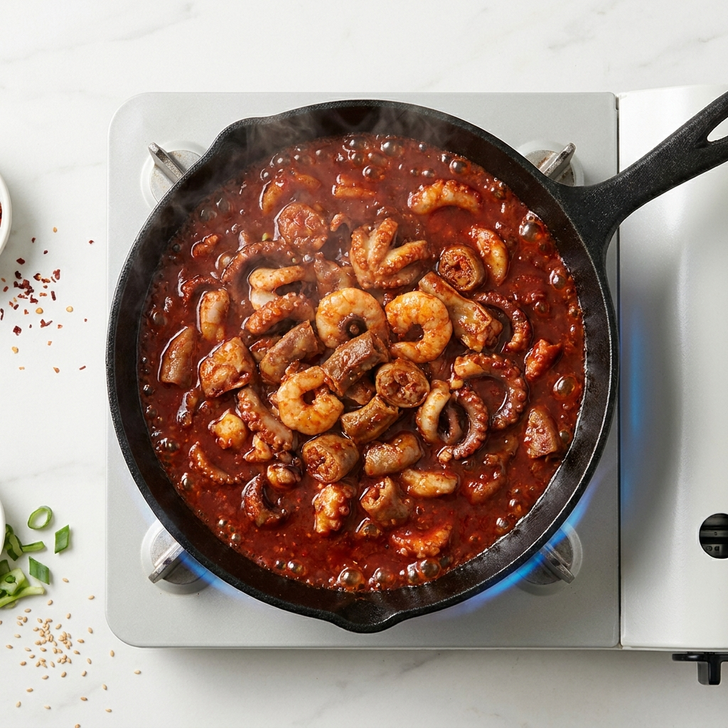 Nakgopdaesae simmering on the stove