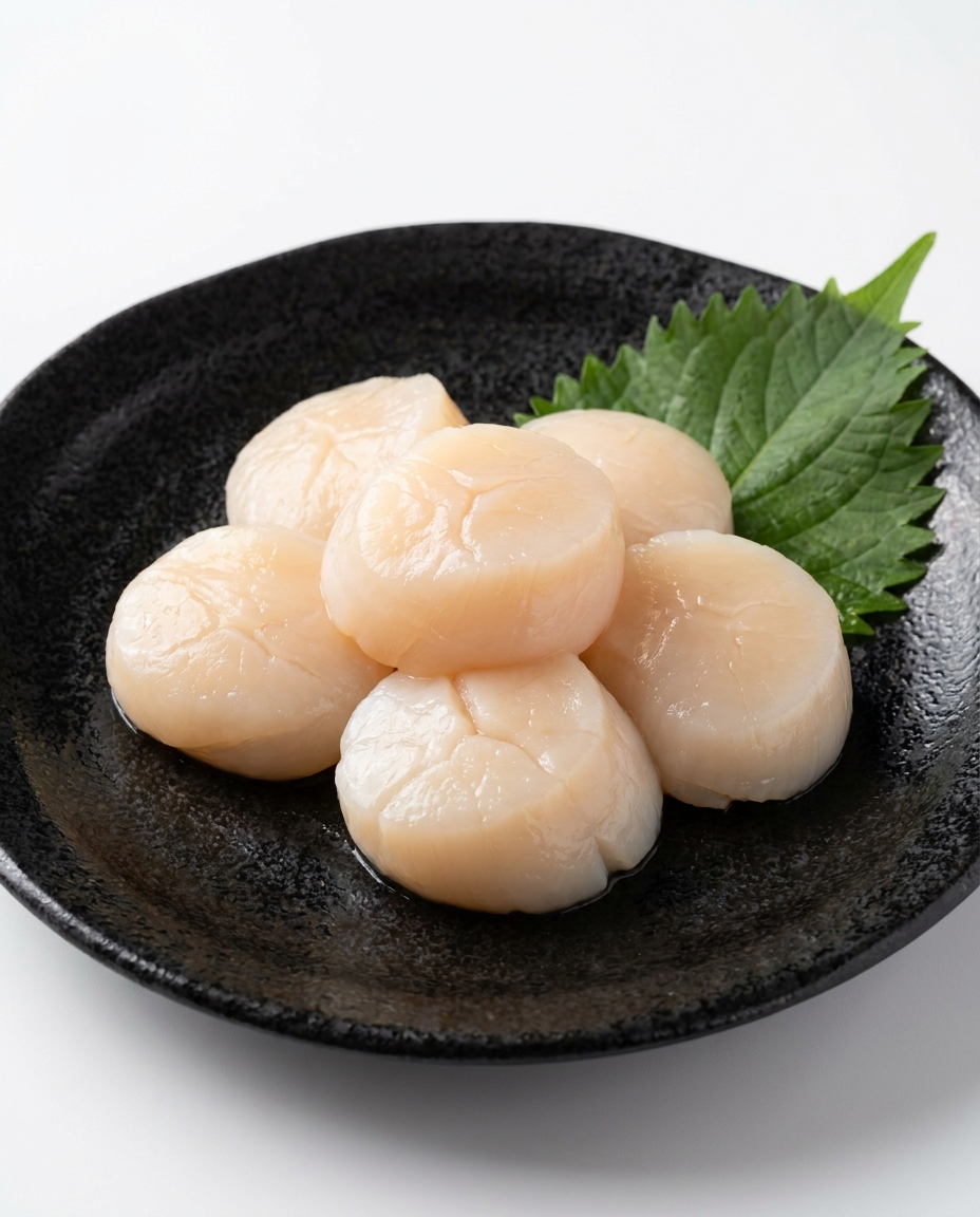 Raw sashimi-grade Hotate scallops on a black ceramic plate with shiso leaf