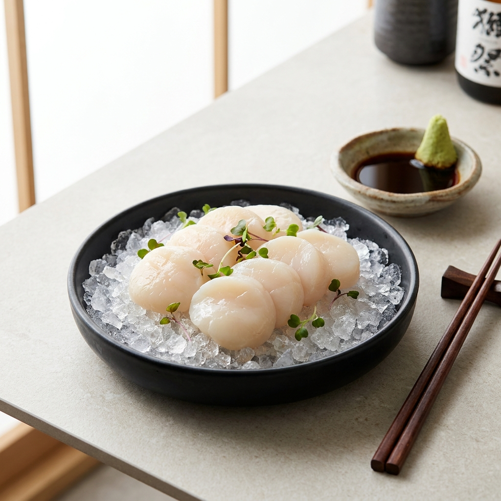Hotate scallops served on ice with soy sauce and wasabi