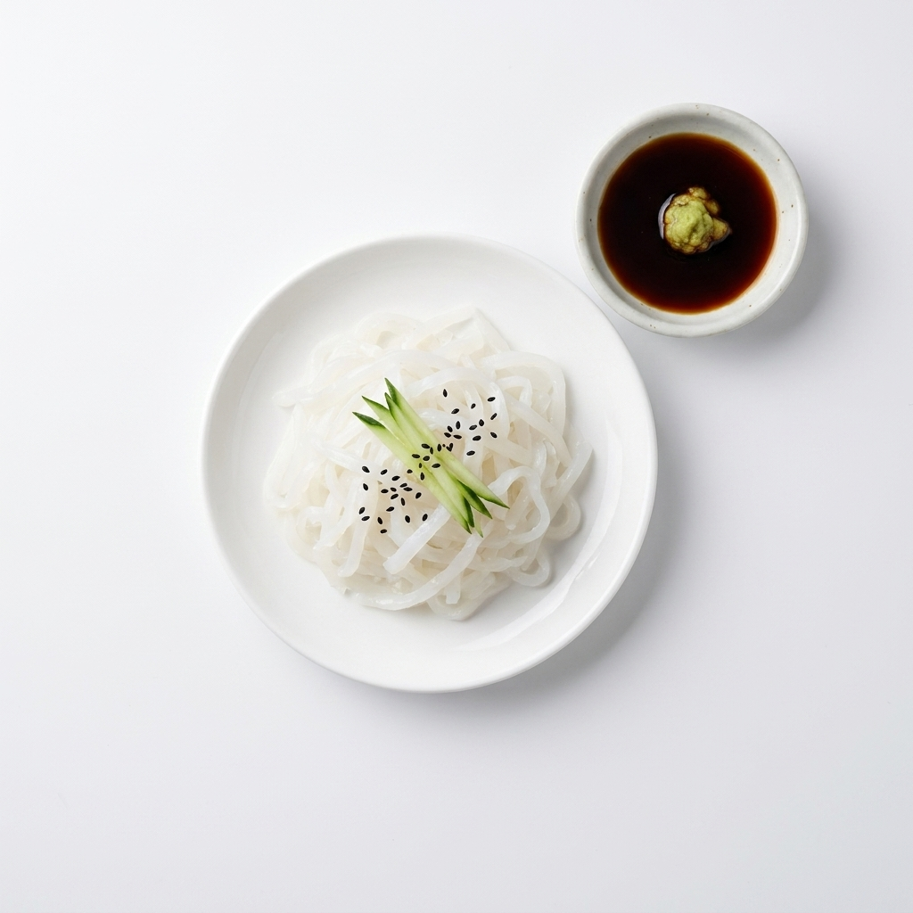 Ika Slice cuttlefish noodles top-down with cucumber and sesame