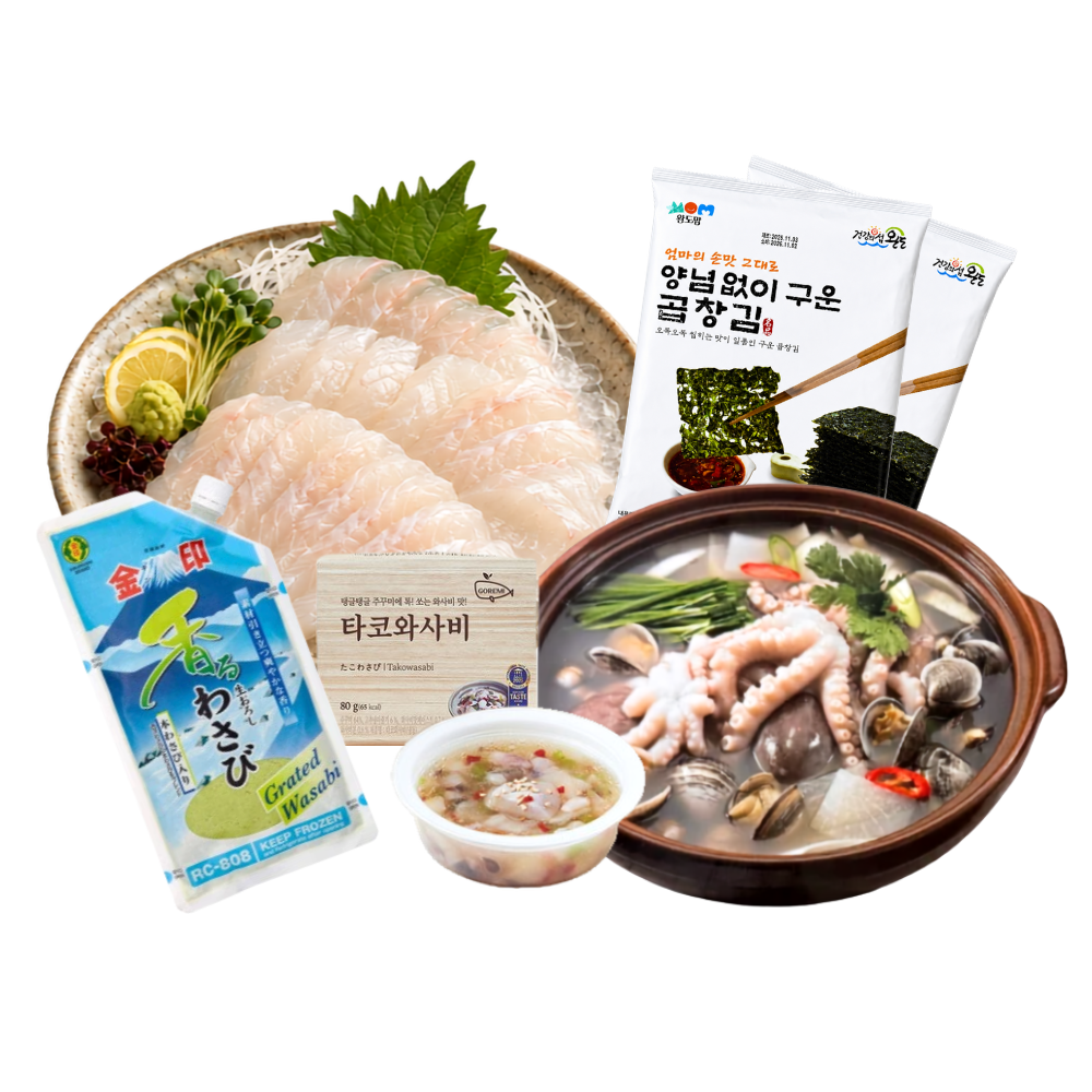 B. Sashimi Set (사시미세트) -  Flounder Sashimi, Octopus Takowasabi, Octopus Soup, Fresh Wasabi, 2 x Wando Roasted Seaweed