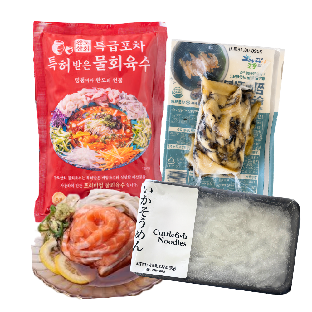 K-Seafood Cold Soup Set – Soup Base, Ika Slice, Salmon Noodle, Abalone Slice (29.9oz)