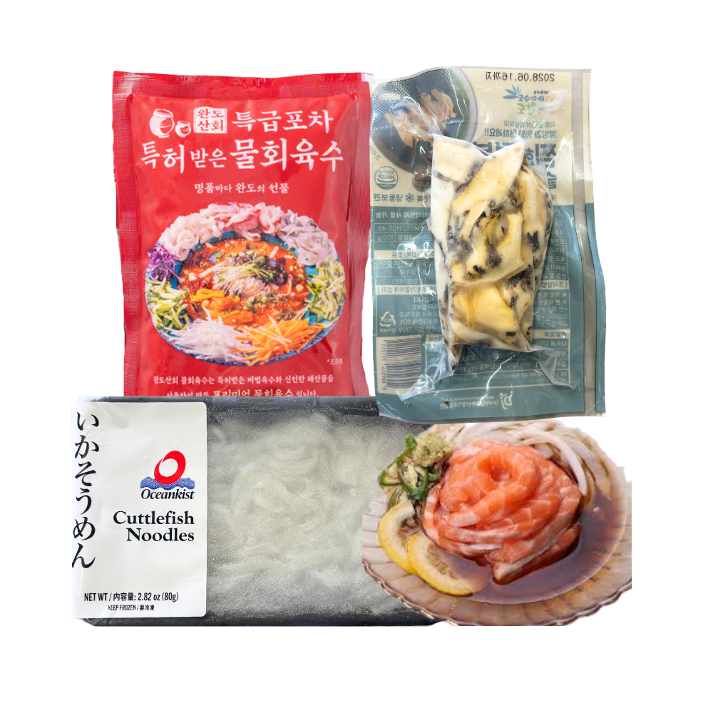 K-Seafood Cold Soup Set – Soup Base, Ika Slice, Salmon Noodle, Abalone Slice (29.9oz)